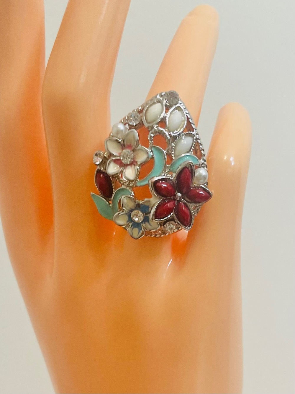 Vintage Floral Multicolor Enamel Pear Shaped Statement Ring Turquoise Red White - Picture 3 of 10